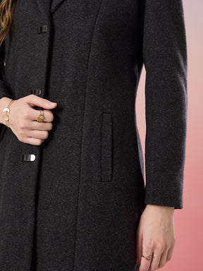 Latin Quarters Women's Black Solid Full Sleeve Collar Neck Casual Overcoat
