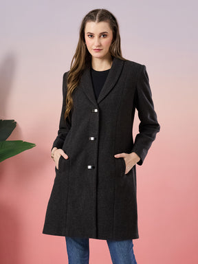 Latin Quarters Women's Black Solid Full Sleeve Collar Neck Casual Overcoat