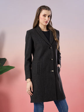 Latin Quarters Women's Black Solid Full Sleeve Collar Neck Casual Overcoat