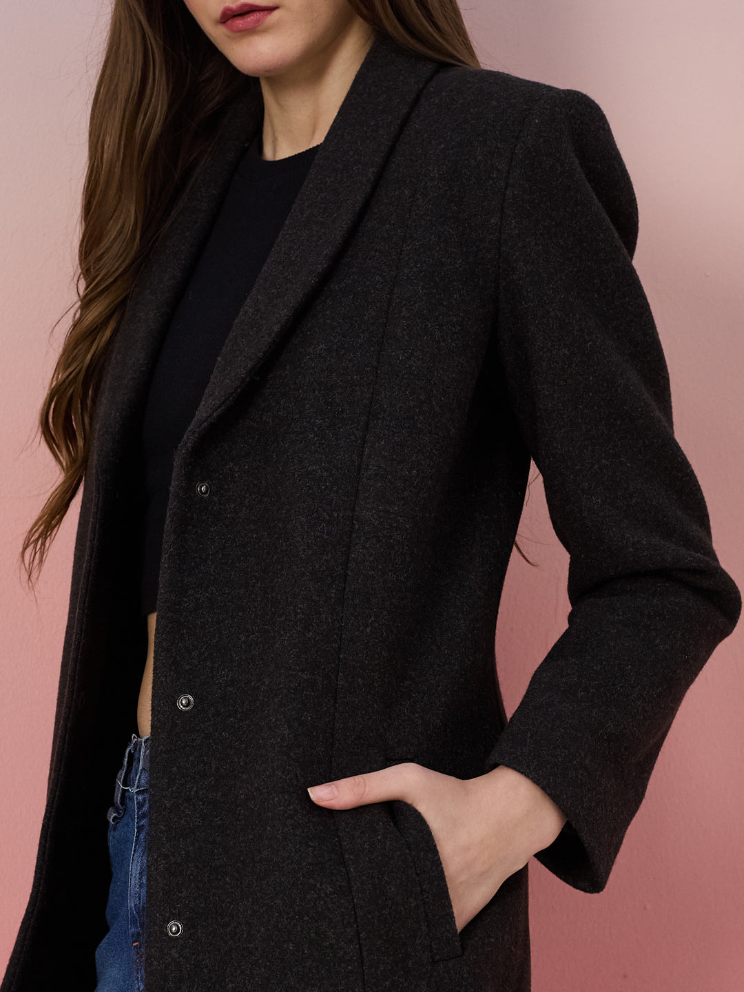Latin Quarters Women's Black Solid Full Sleeve Collar Neck Casual Overcoat