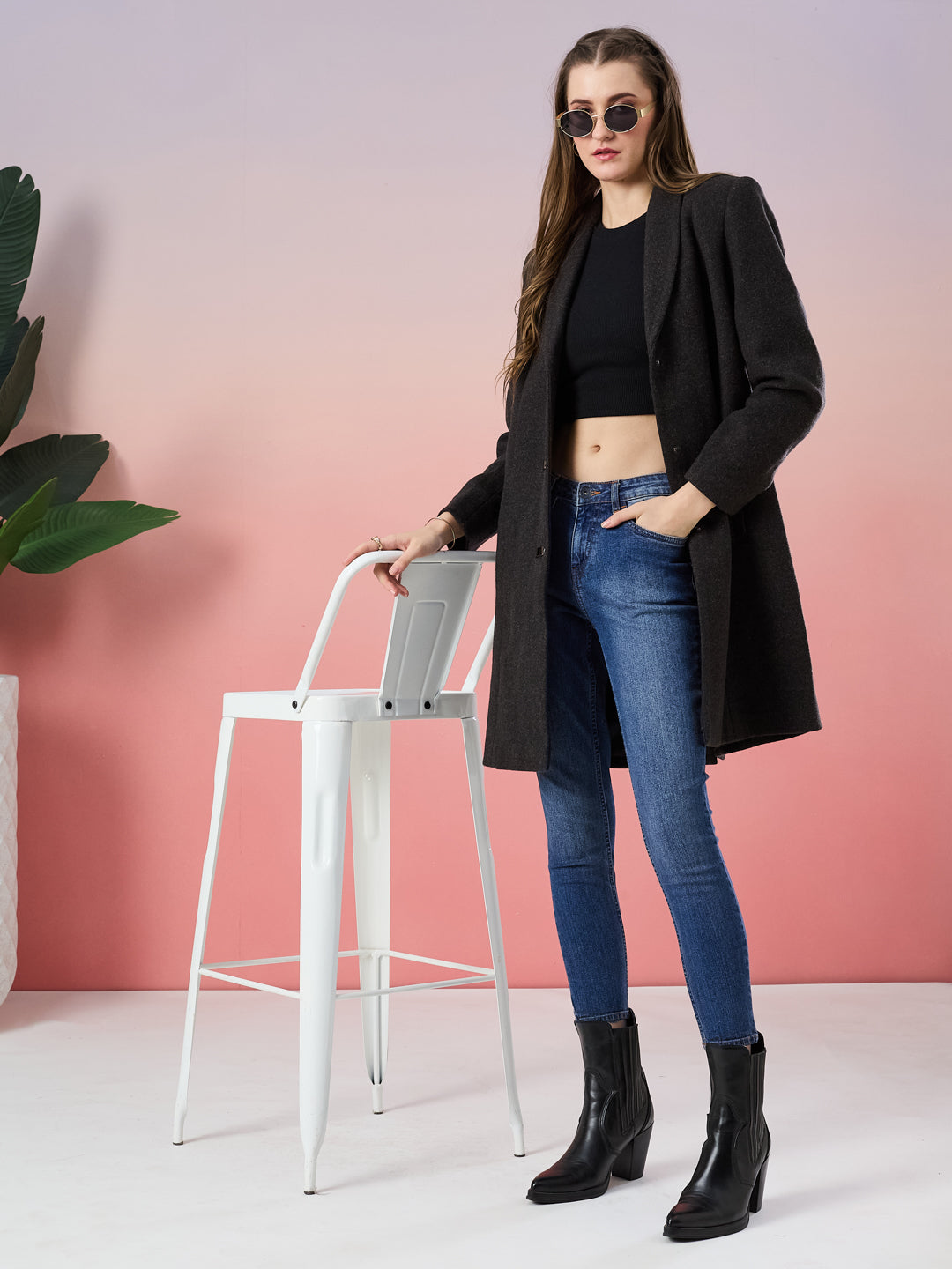 Latin Quarters Women's Black Solid Full Sleeve Collar Neck Casual Overcoat