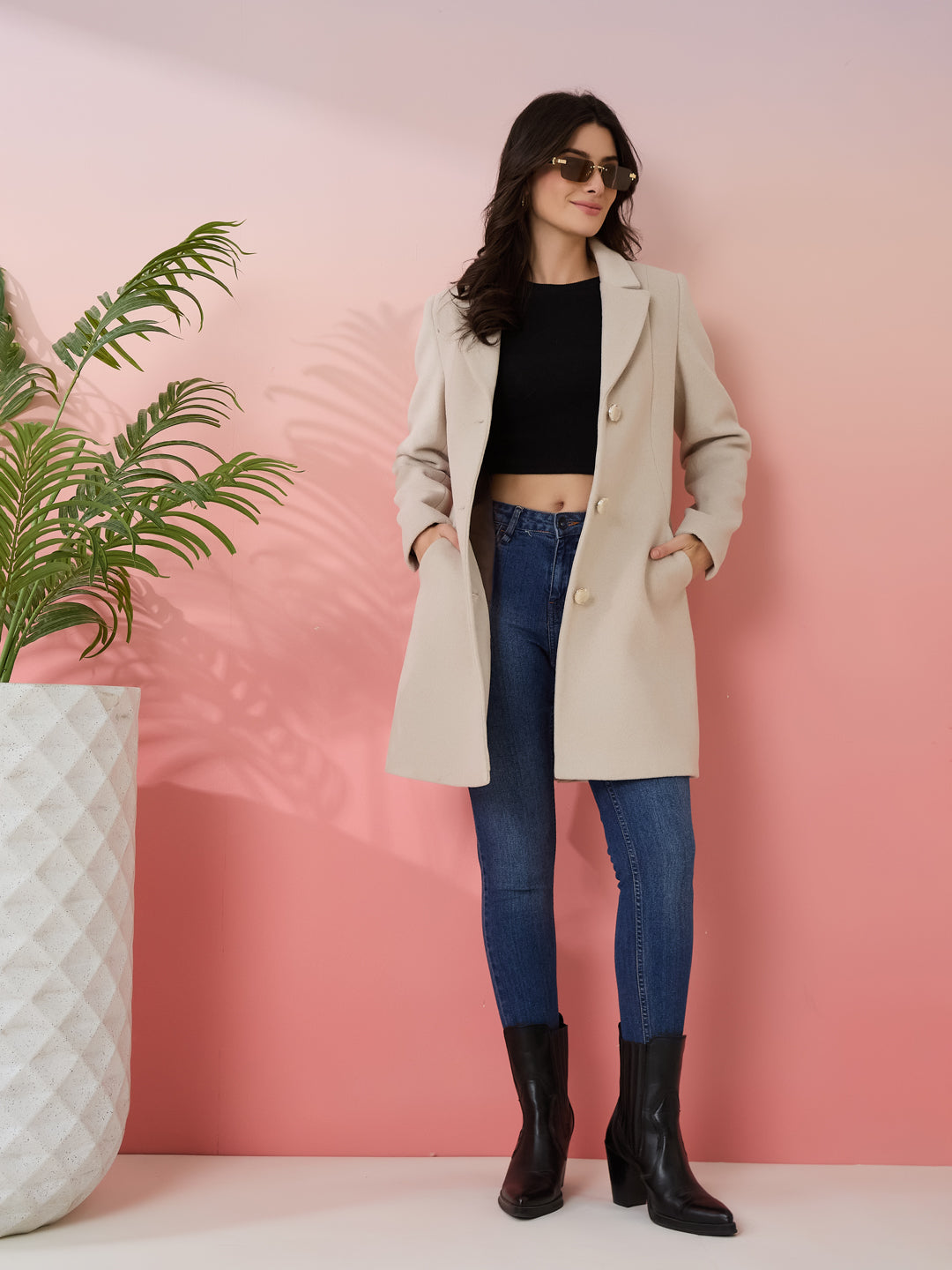 Latin Quarters Women's Beige Solid Collar Neck Full Sleeves Casual Coat