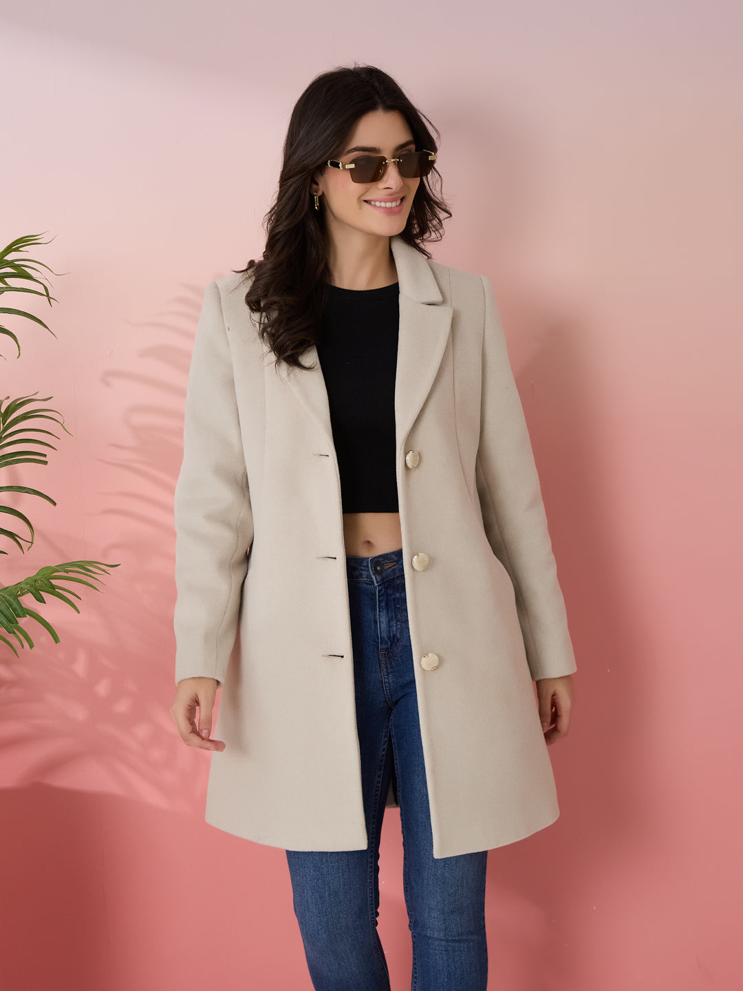 Latin Quarters Women's Beige Solid Collar Neck Full Sleeves Casual Coat