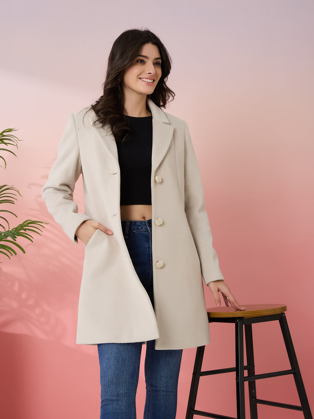 Latin Quarters Women's Beige Solid Collar Neck Full Sleeves Casual Coat