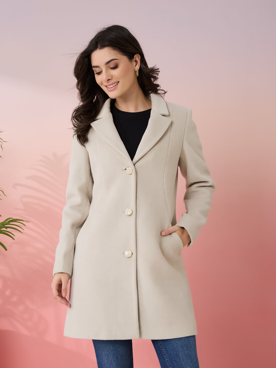 Latin Quarters Women's Beige Solid Collar Neck Full Sleeves Casual Coat