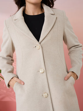 Latin Quarters Women's Beige Solid Collar Neck Full Sleeves Casual Coat