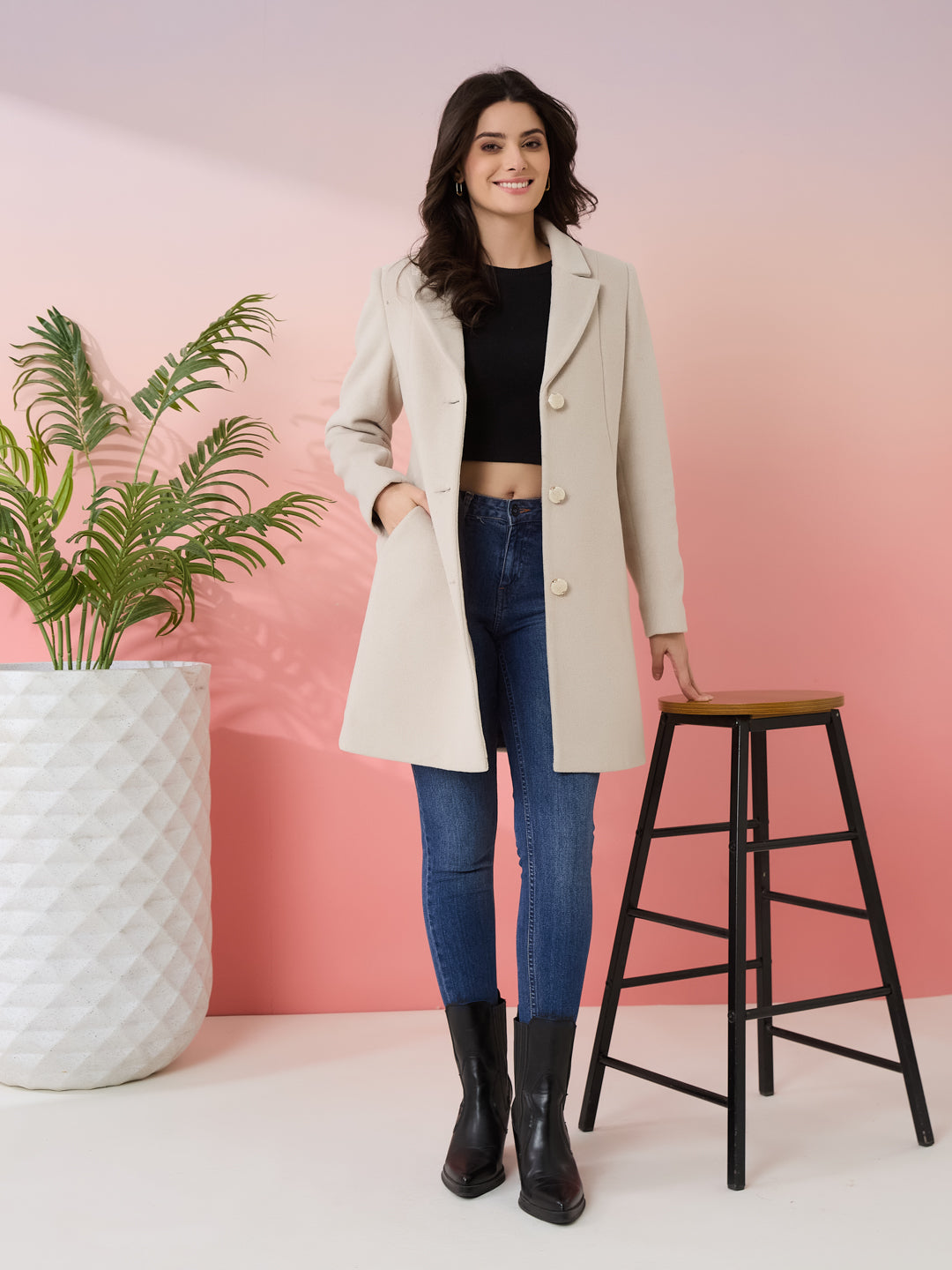 Latin Quarters Women's Beige Solid Collar Neck Full Sleeves Casual Coat