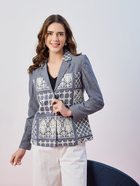 Latin Quarters Women's Blue Embroidered Full Sleeves Collar Neck Casual Blazer