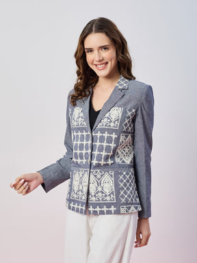 Latin Quarters Women's Blue Embroidered Full Sleeves Collar Neck Casual Blazer