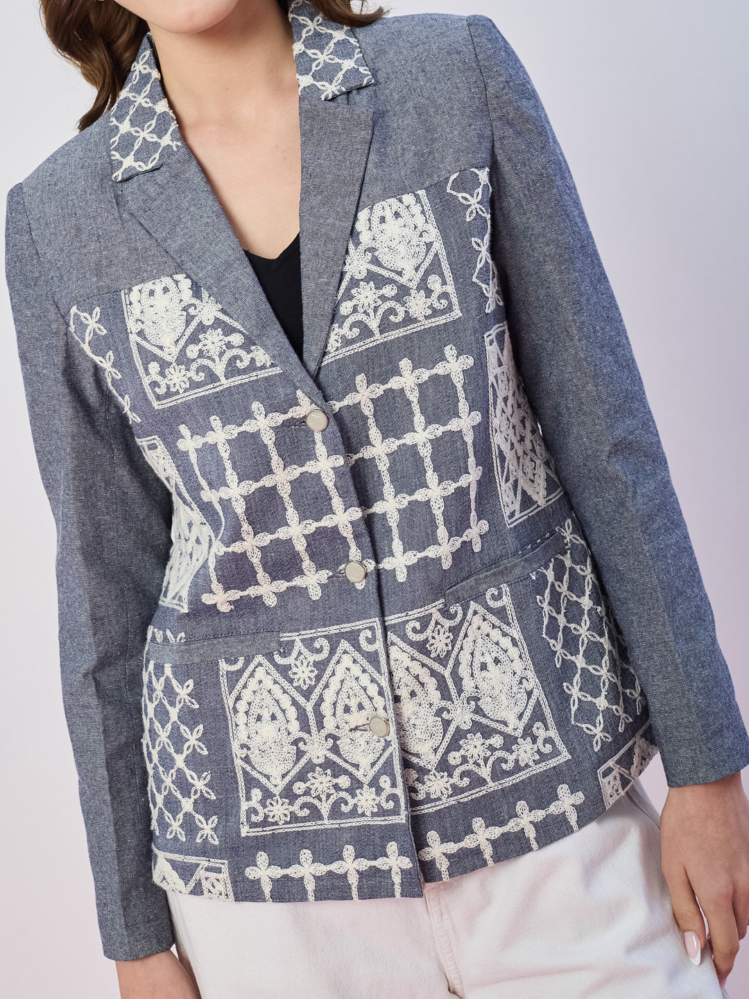 Latin Quarters Women's Blue Embroidered Full Sleeves Collar Neck Casual Blazer