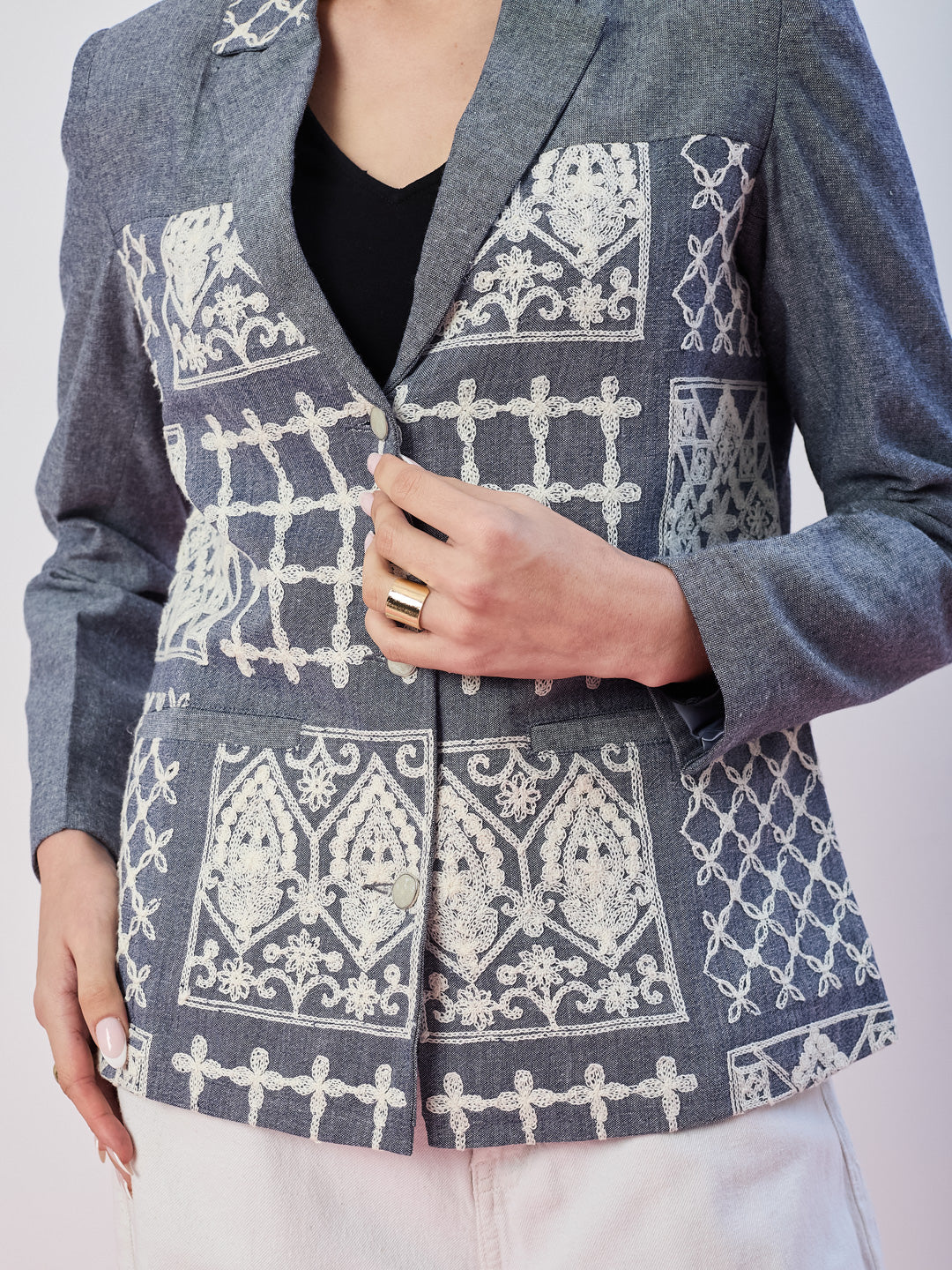 Latin Quarters Women's Blue Embroidered Full Sleeves Collar Neck Casual Blazer