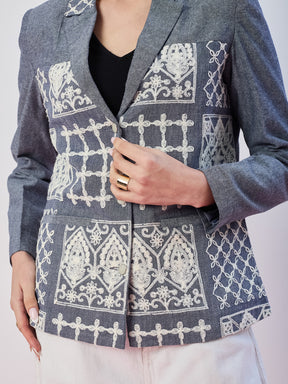 Latin Quarters Women's Blue Embroidered Full Sleeves Collar Neck Casual Blazer