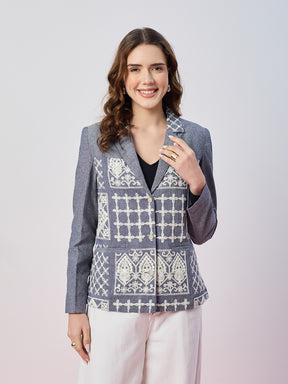 Latin Quarters Women's Blue Embroidered Full Sleeves Collar Neck Casual Blazer