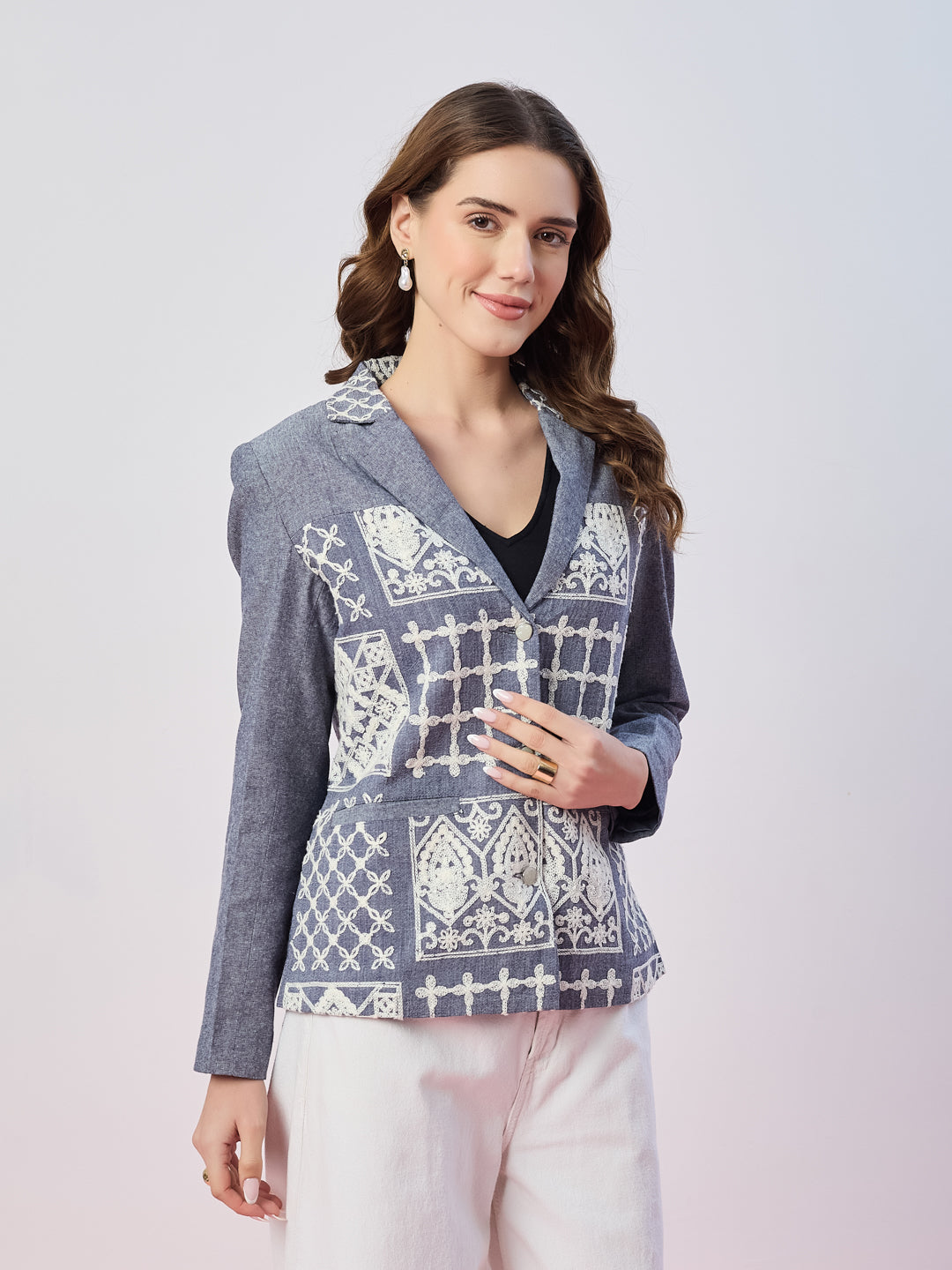 Latin Quarters Women's Blue Embroidered Full Sleeves Collar Neck Casual Blazer