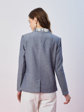 Latin Quarters Women's Blue Embroidered Full Sleeves Collar Neck Casual Blazer