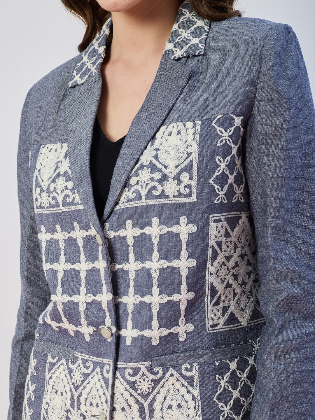 Latin Quarters Women's Blue Embroidered Full Sleeves Collar Neck Casual Blazer