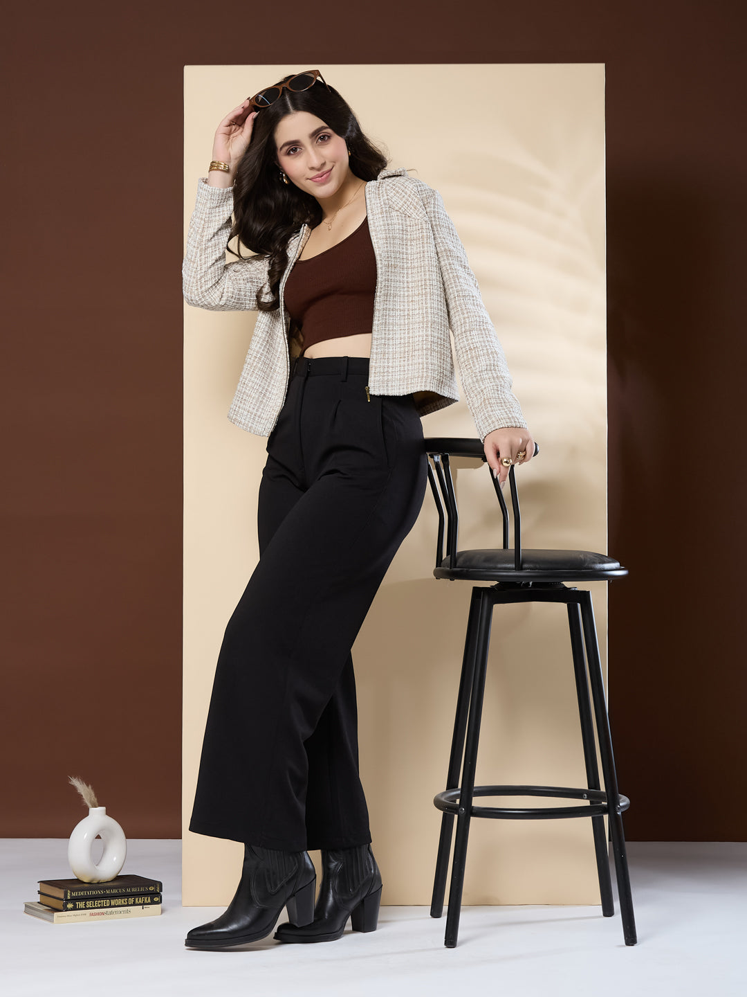 Latin Quarters Women's Check Ivory Full Sleeve Collar Neck Casual Tweed Jacket