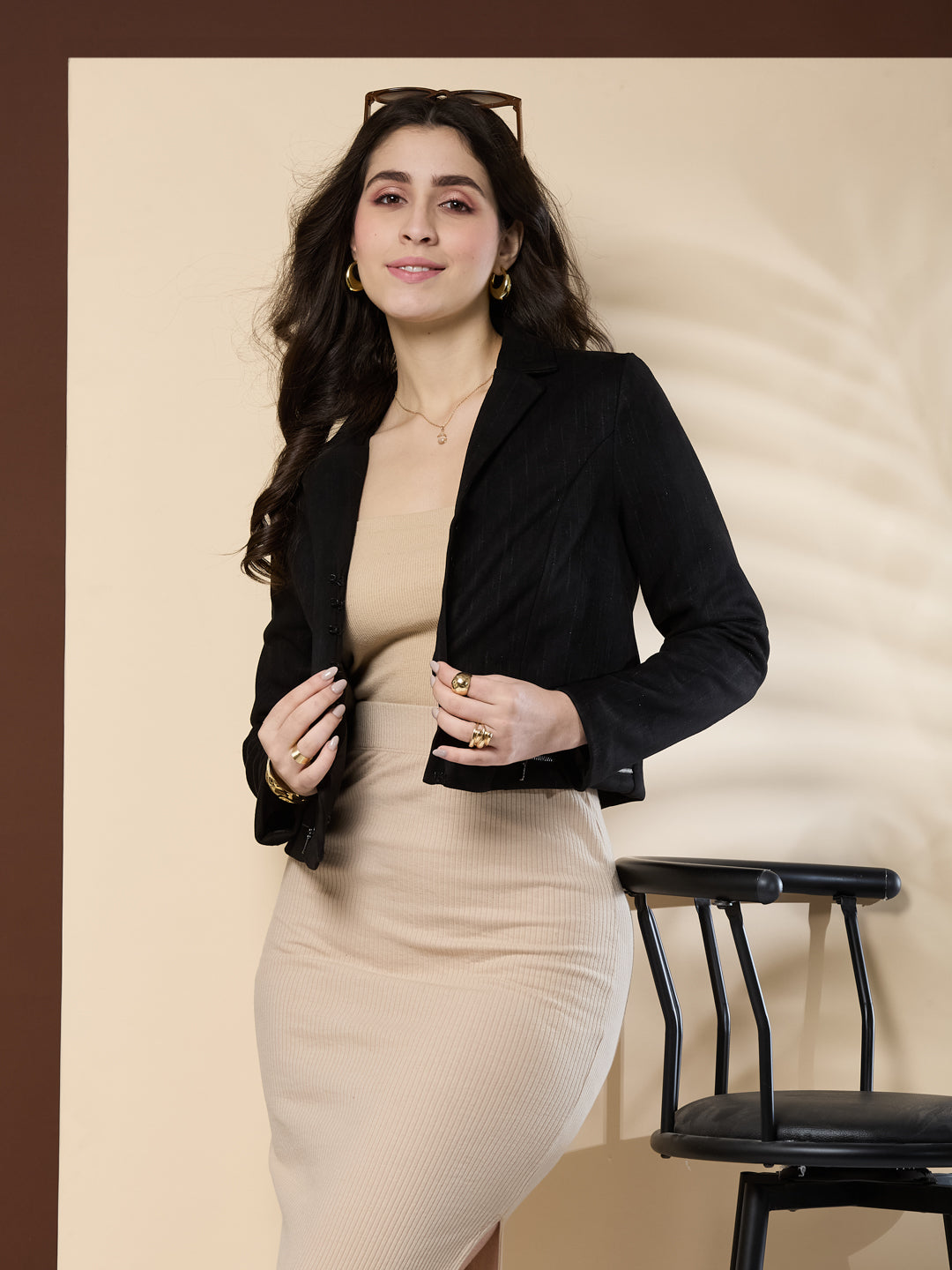 Latin Quarters Women's Solid Black Full Sleeve Collar Neck Casual Jacket