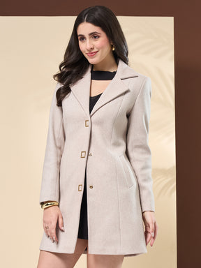 Latin Quarters Women's Solid Ivory Full Sleeve Collared Neck Casual Coat
