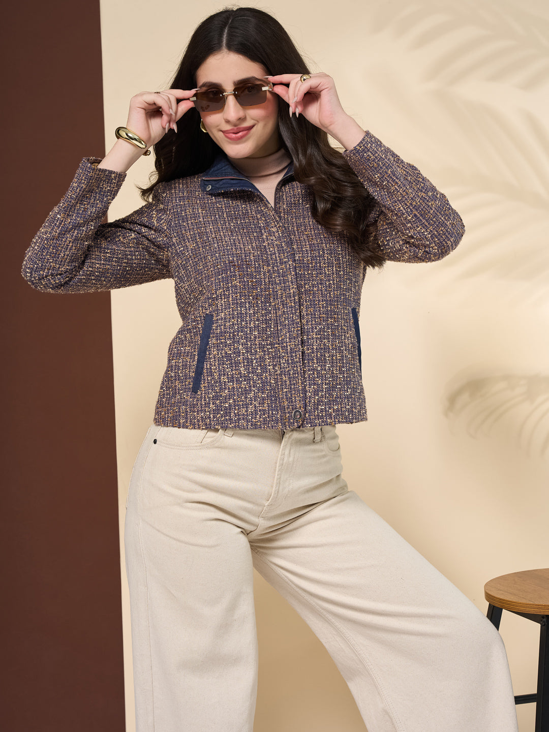 Latin Quarters Women's Textured Blue Full Sleeve Collared Neck Casual Tweed Jacket