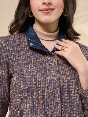 Latin Quarters Women's Textured Blue Full Sleeve Collared Neck Casual Tweed Jacket