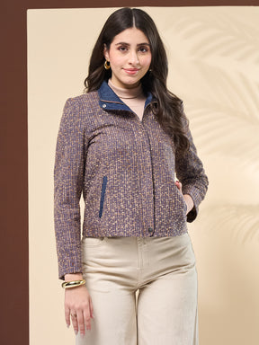 Latin Quarters Women's Textured Blue Full Sleeve Collared Neck Casual Tweed Jacket