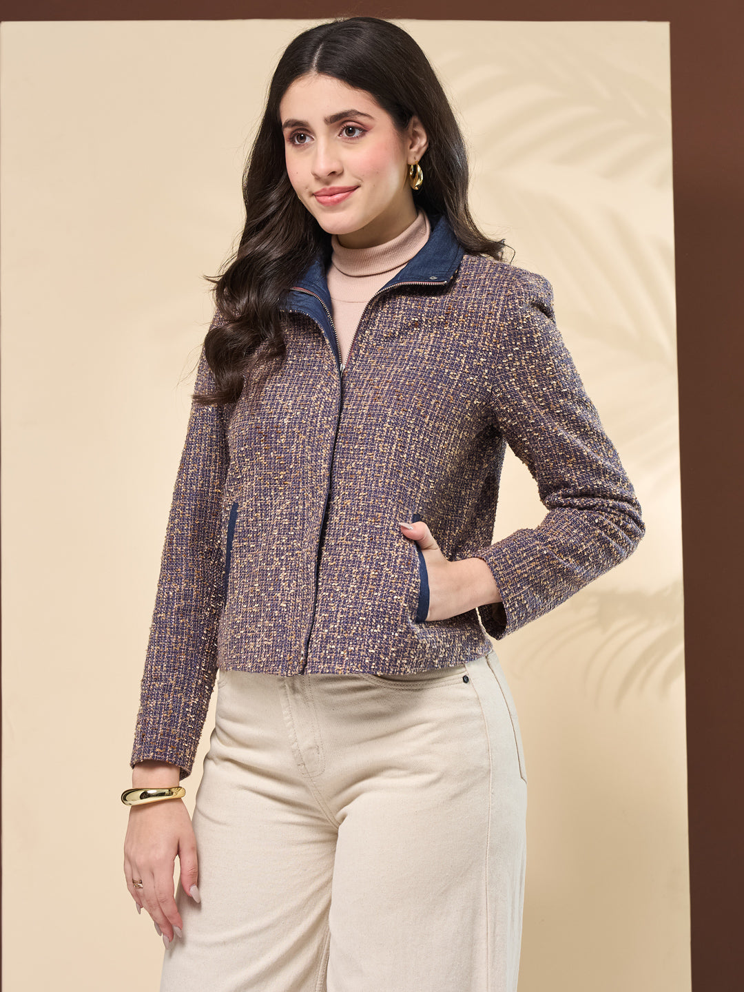 Latin Quarters Women's Textured Blue Full Sleeve Collared Neck Casual Tweed Jacket