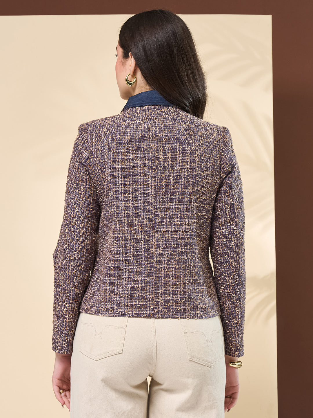 Latin Quarters Women's Textured Blue Full Sleeve Collared Neck Casual Tweed Jacket
