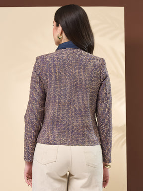 Latin Quarters Women's Textured Blue Full Sleeve Collared Neck Casual Tweed Jacket