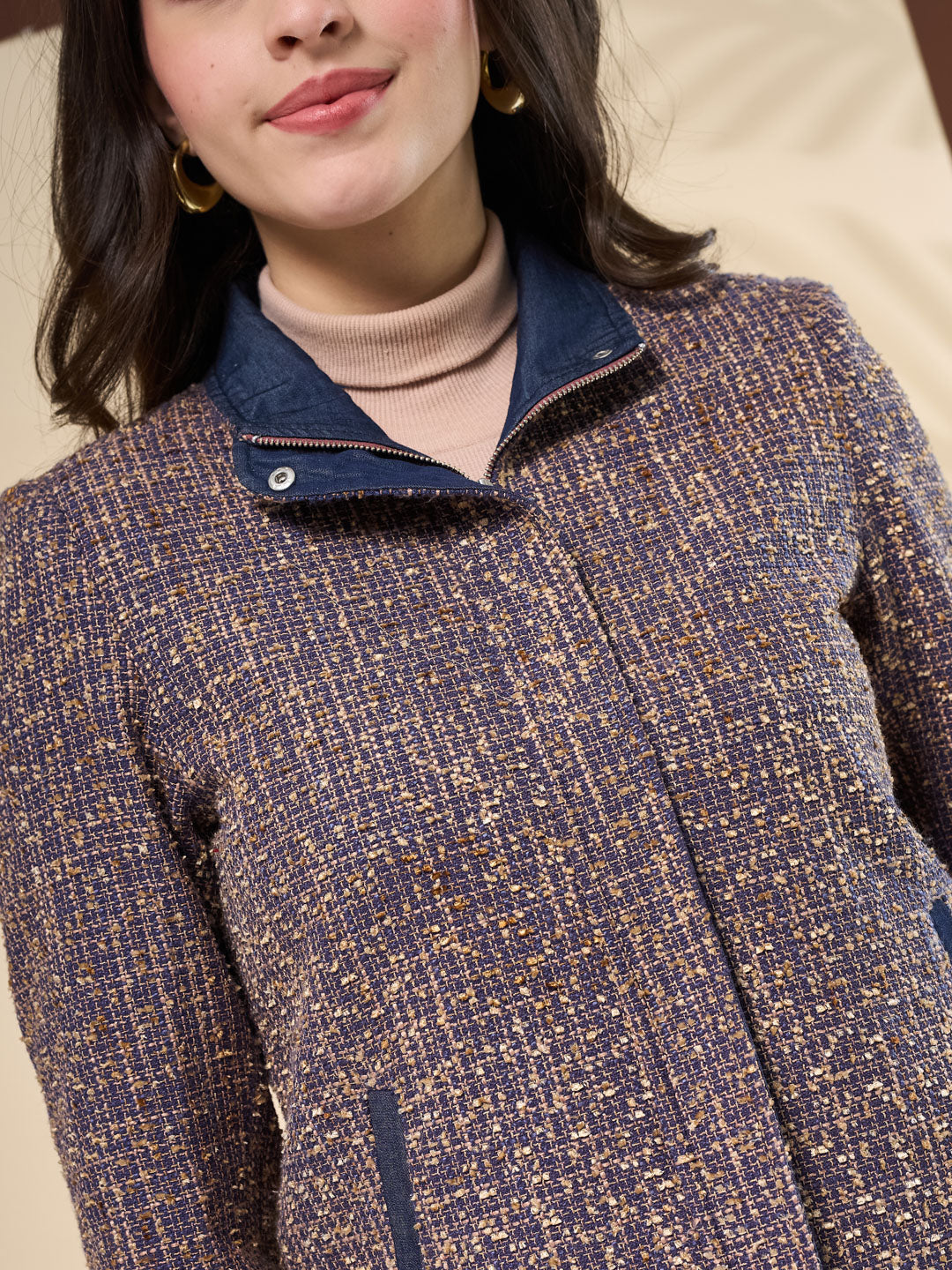 Latin Quarters Women's Textured Blue Full Sleeve Collared Neck Casual Tweed Jacket