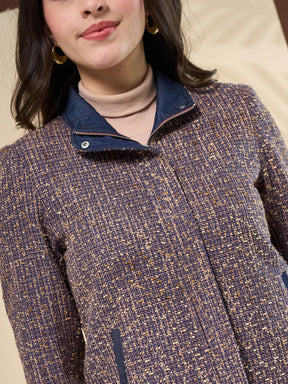 Latin Quarters Women's Textured Blue Full Sleeve Collared Neck Casual Tweed Jacket