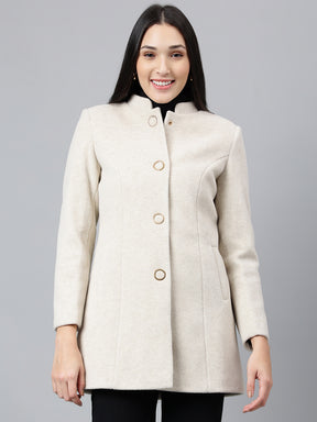 Latin Quarters Women Off White Solid Mandarin Collar Full Sleeve Casual A-Line Coat