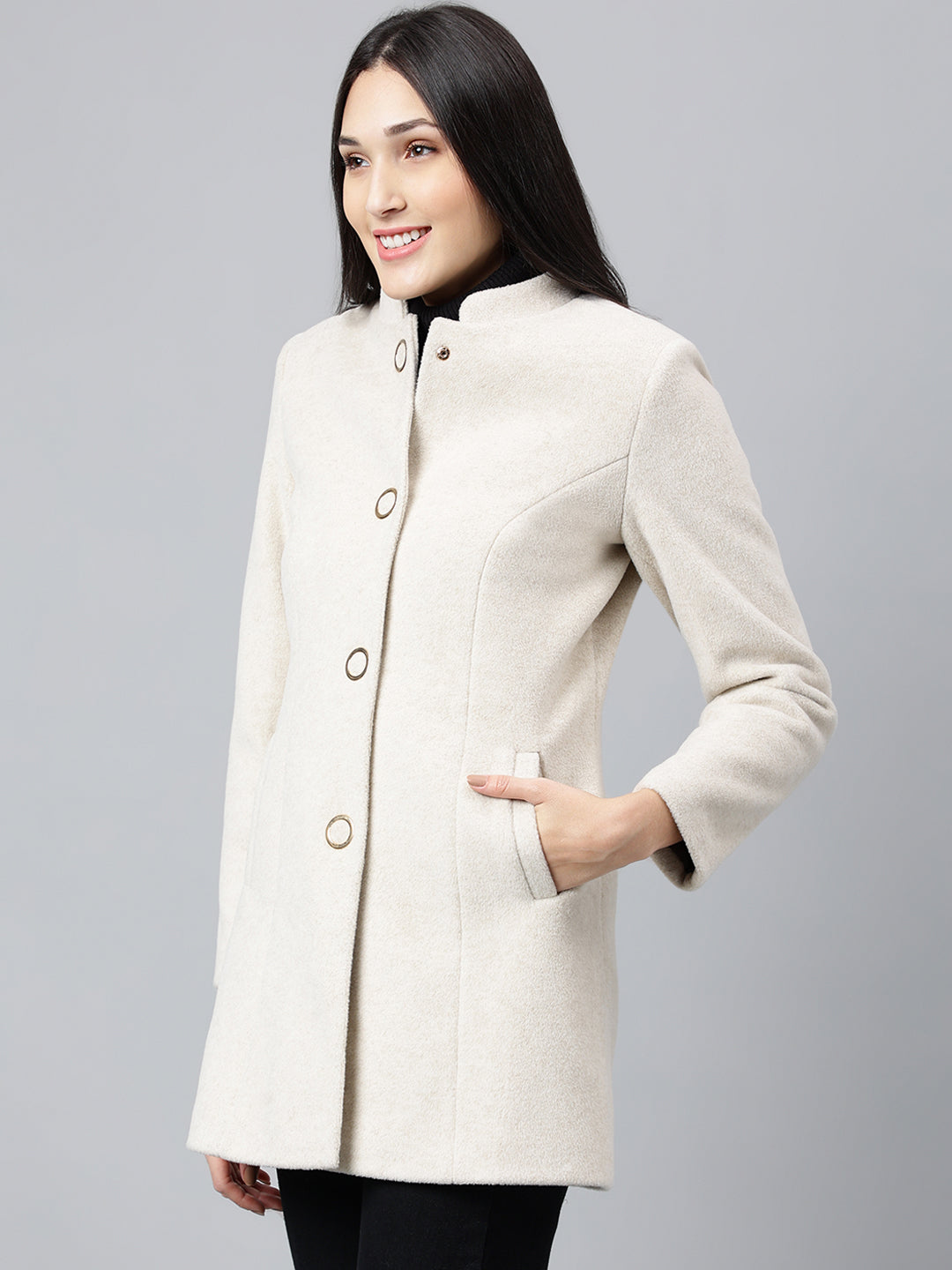 Latin Quarters Women Off White Solid Mandarin Collar Full Sleeve Casual A-Line Coat