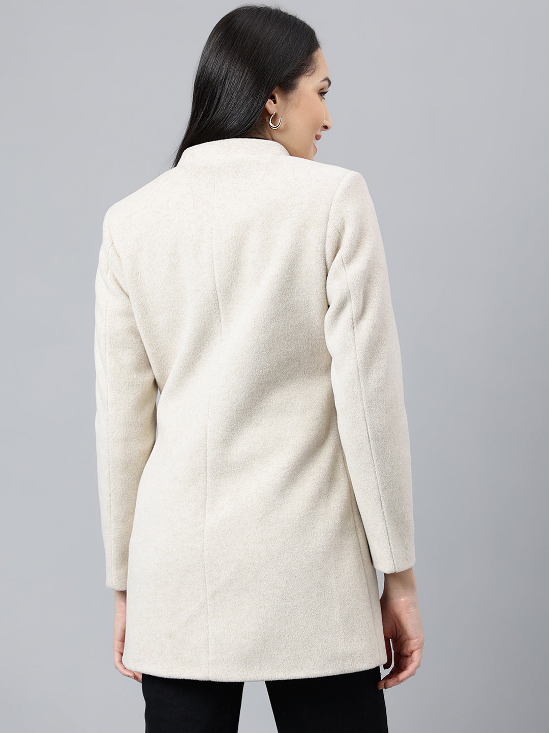 Latin Quarters Women Off White Solid Mandarin Collar Full Sleeve Casual A-Line Coat