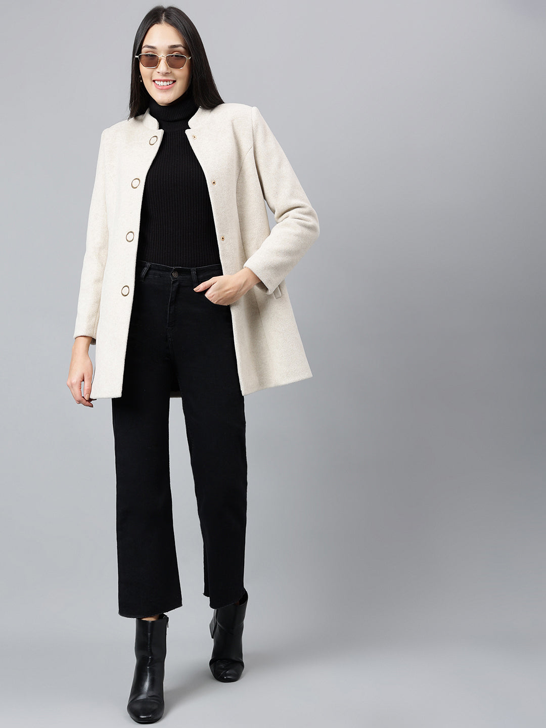Latin Quarters Women Off White Solid Mandarin Collar Full Sleeve Casual A-Line Coat