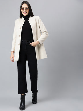 Latin Quarters Women Off White Solid Mandarin Collar Full Sleeve Casual A-Line Coat