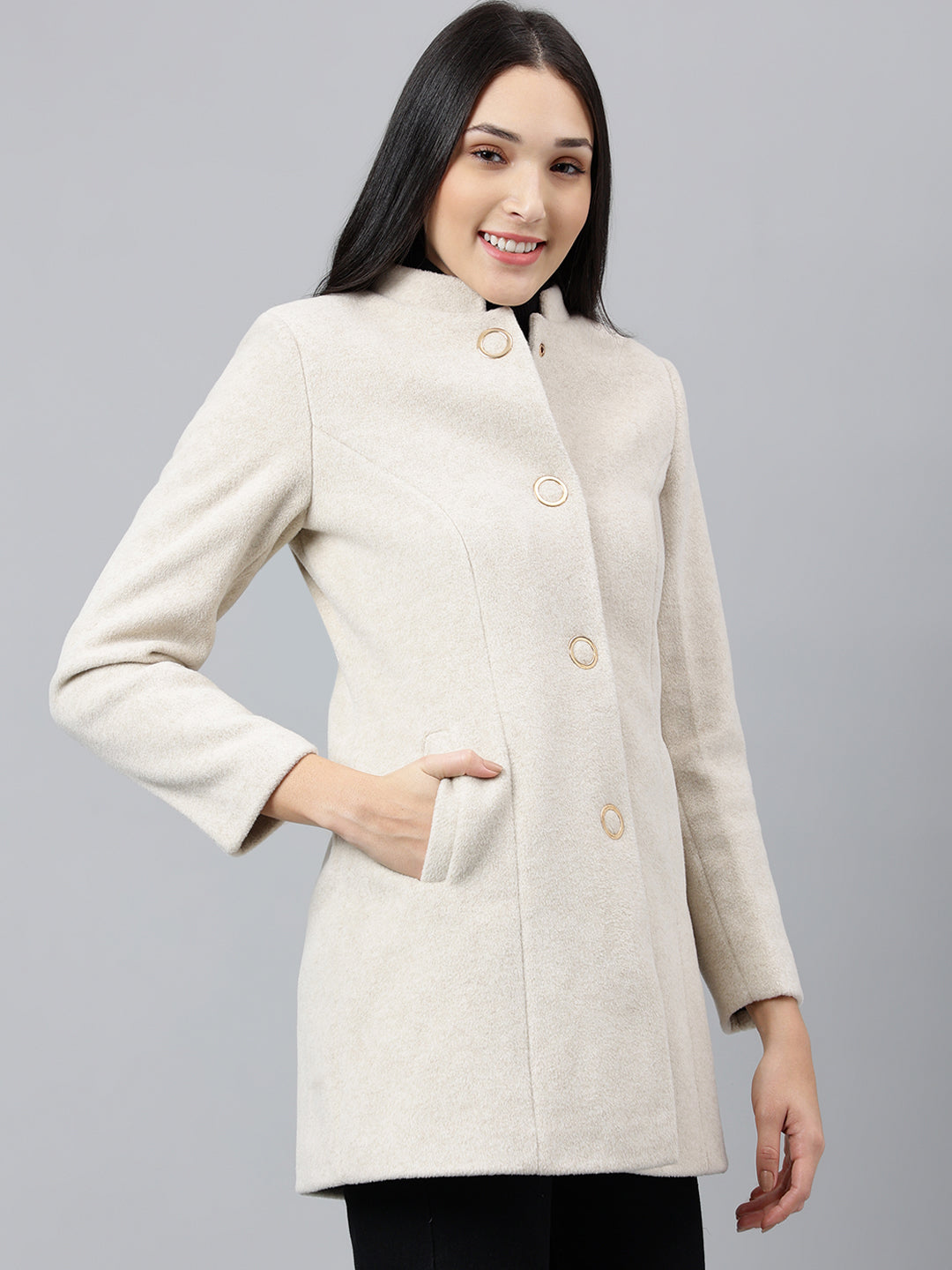 Latin Quarters Women Off White Solid Mandarin Collar Full Sleeve Casual A-Line Coat