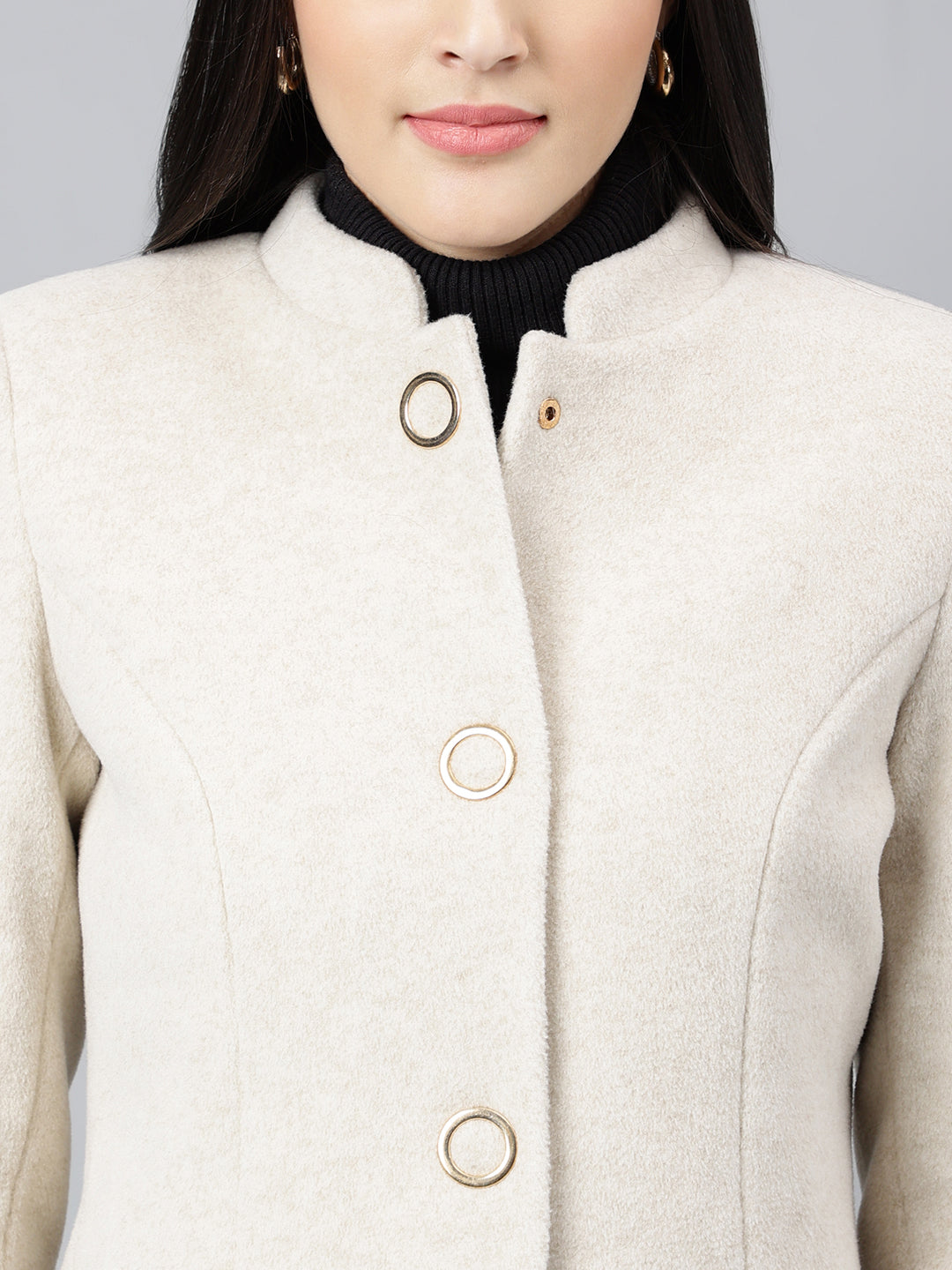 Latin Quarters Women Off White Solid Mandarin Collar Full Sleeve Casual A-Line Coat