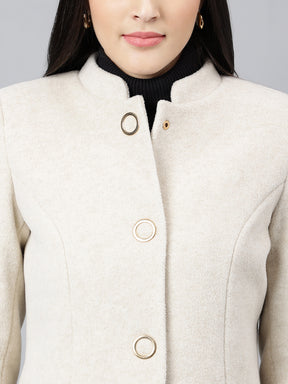 Latin Quarters Women Off White Solid Mandarin Collar Full Sleeve Casual A-Line Coat