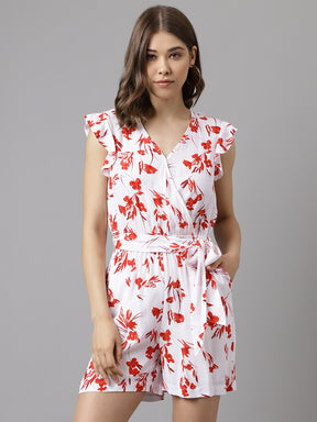 Latin Quarters Women's White Cap Sleeve Printed V-Neck Casual Jumpsuit