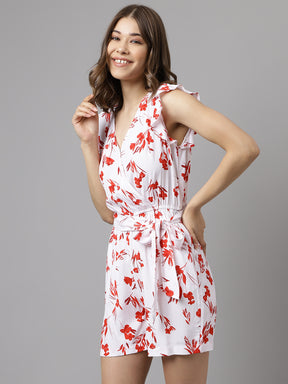 Latin Quarters Women's White Cap Sleeve Printed V-Neck Casual Jumpsuit