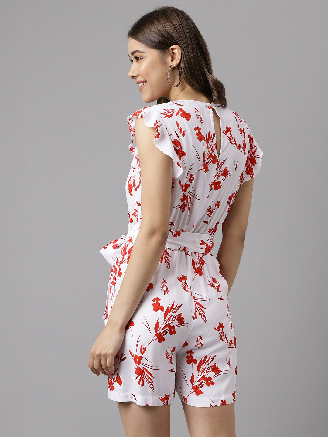 Latin Quarters Women's White Cap Sleeve Printed V-Neck Casual Jumpsuit