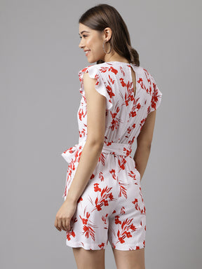 Latin Quarters Women's White Cap Sleeve Printed V-Neck Casual Jumpsuit