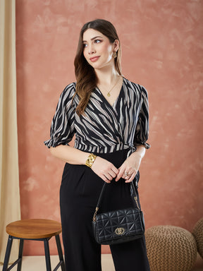 Latin Quarters Women's Black Half Sleeves Printed V-Neck Casual Jumpsuit
