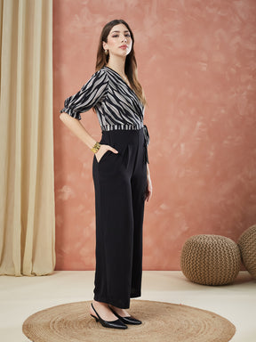 Latin Quarters Women's Black Half Sleeves Printed V-Neck Casual Jumpsuit