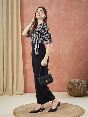 Latin Quarters Women's Black Half Sleeves Printed V-Neck Casual Jumpsuit