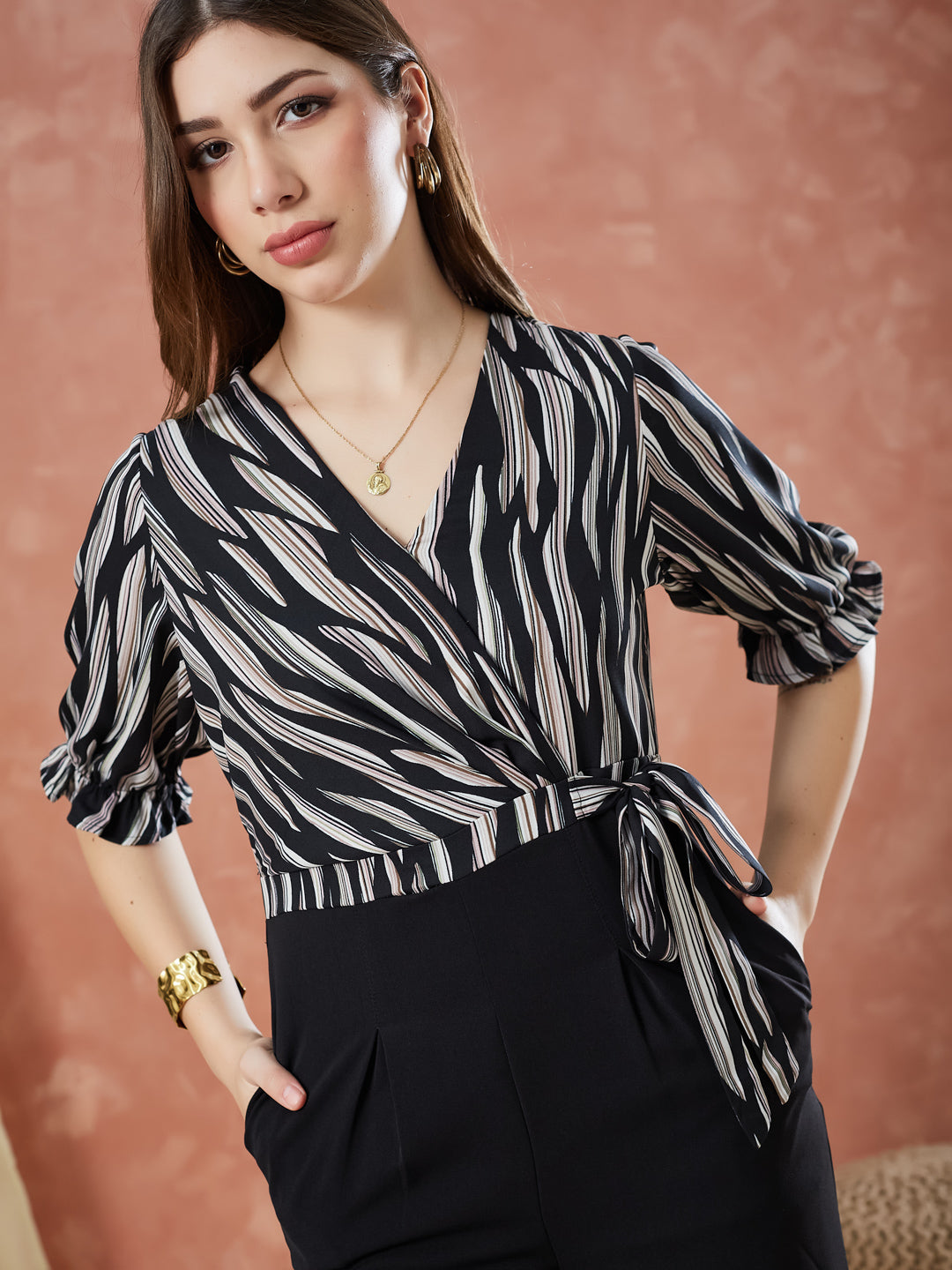 Latin Quarters Women's Black Half Sleeves Printed V-Neck Casual Jumpsuit