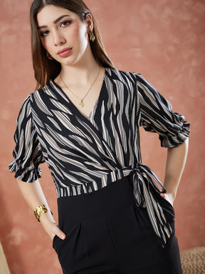 Latin Quarters Women's Black Half Sleeves Printed V-Neck Casual Jumpsuit