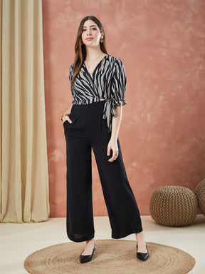 Latin Quarters Women's Black Half Sleeves Printed V-Neck Casual Jumpsuit