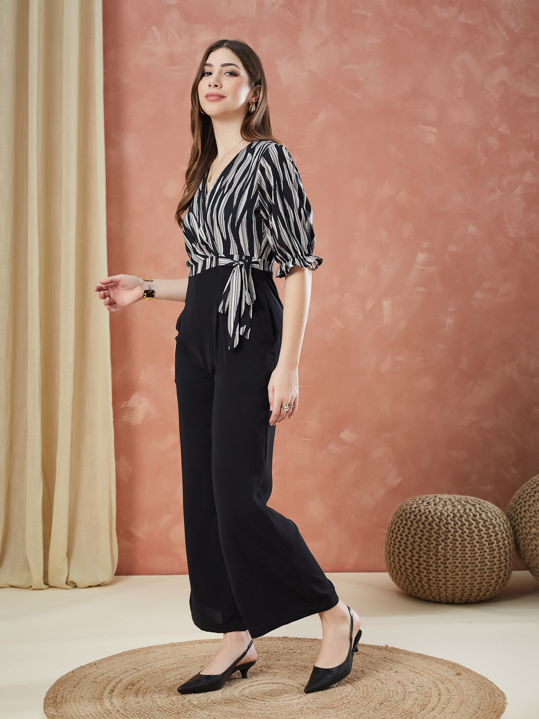 Latin Quarters Women's Black Half Sleeves Printed V-Neck Casual Jumpsuit